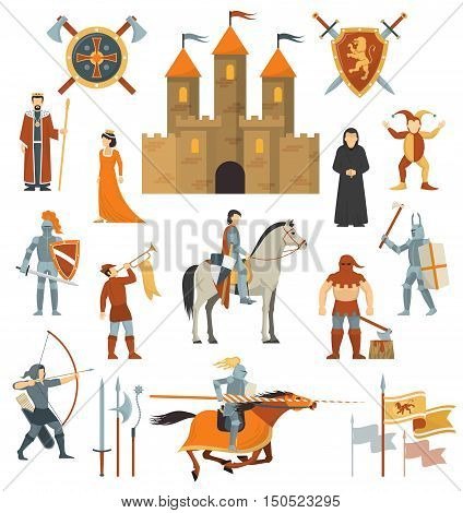 Medieval isolated decorative icons set of knightly castle crusader flags emblems knights on horseback with ancient weapon flat vector illustration