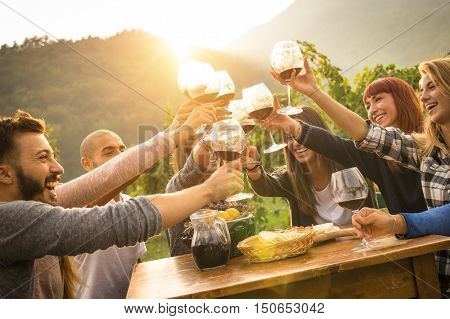 Happy friends having fun outdoors - Young people enjoying harvest time together at farmhouse vineyard countryside - Youth and friendship concept - Focus on hands toasting wine glasses with sun flare