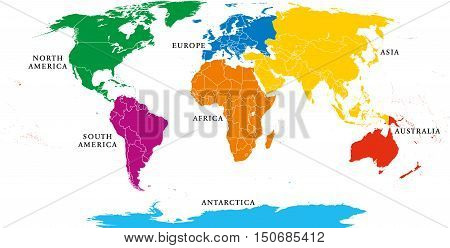 Seven continents map with national borders. Asia, Africa, North and South America, Antarctica, Europe and Australia. Detailed map under Robinson projection and English labeling on white background.