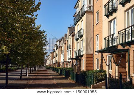 Modern new terraced houses and apartment flats in Cardiff, Wales, UK