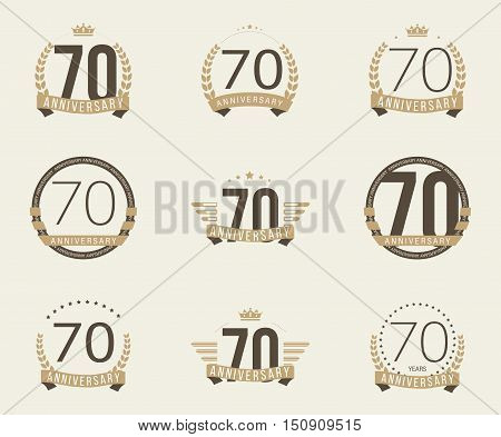 Seventy years anniversary logotype with branches, ribbons, wings, crowns. 70th anniversary logo collection. Vector illustration.