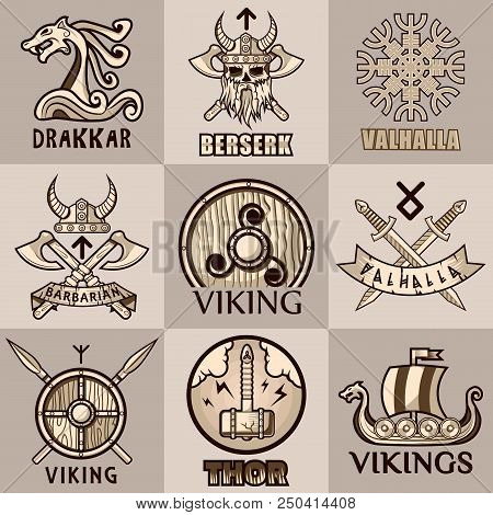 Viking Symbols Logo Templates. Vector Wooden Icons Of Thor Hammer And Odin Valhalla Runes, Drakkar D