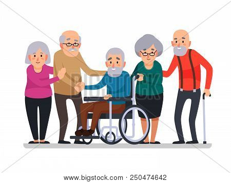 Cartoon Old People. Happy Aged Citizens, Disabled Senior On Older Wheelchair And Care Seniors Smilin