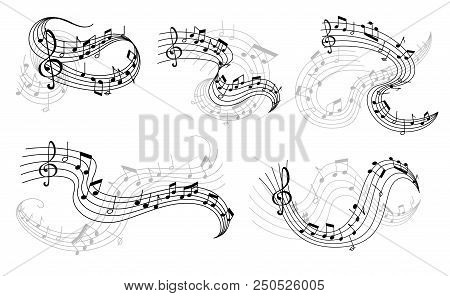 Music Icons Of Musical Staff Or Music Stave Notes And Clef. Vector Set Of Musical Notes On Staff For