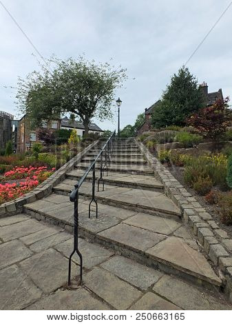 Rochdale, Lancashire, England - Juiy 20 2018: Recently Restored Pedestrian Steps In The Historic Con