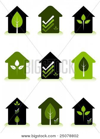 Green house conceptual logos representing environmentally friendly home design and construction.