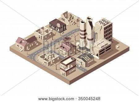 City Ruins. Abandoned Town With Broken Buildings Manufacturing City Decay Vandalized Objects Vector 