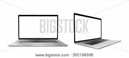 Laptop Computer With White Screen And Keyboard Front And Angle View. Vector Realistic Mockup Of Mode