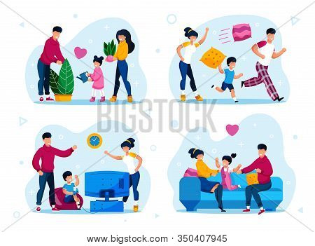 Happy Family Home Leisure And Relax Trendy Flat Vector Concepts Set. Parents With Children Fooling A