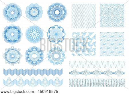 Guilloche Rosettes, Borders, Seamless Patterns, Money Watermarks. Guilloches Elements, Banknote And 