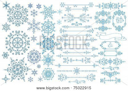 Snowflake,Border,frame set.Winter doodles decor