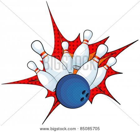 Illustration of a bowling ball strike with falling pins