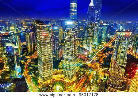 Shanghai, China - May 24, 2015: Beautiful And Office Skyscrapers,night View City Building Of Pudong,