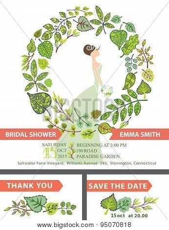 Retro bridal shower invitation set.Bride,green leaves wreath