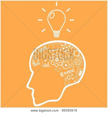 Human head and icons of science. Vector illustration in linear style.