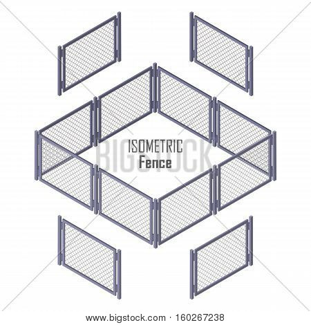 Isometric fence in light colors isolated on white. No solid fence. Iron gate open and close from middle. Fence with columns. Metal, wrought iron, lattice gates and fences for yard. Flat style. Vector