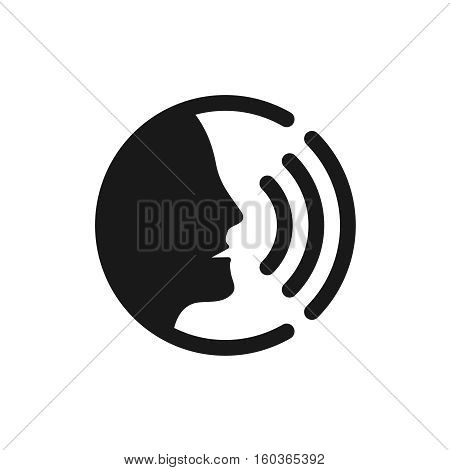 Voice command control with sound waves icon. Black man head silhouette speaking logo.