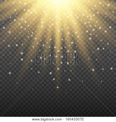 Gold glowing light burst explosion on transparent background. Bright yellow flare effect decoration with ray sparkles. Transparent shine gradient glare texture. Vector illustration lights effect eps10