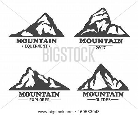 Isolated mountains logo or signs. Winter rocky hills with snowy peaks silhouette, alpine mountain icon or logo. Good for travel agency or journey, mountain expedition or sport hiker club, camping