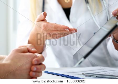 Female Medicine Doctor Hands Hold And Show Digital Tablet Pc