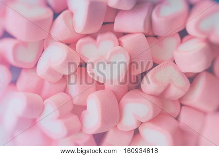 Pink Heart Shape Marshmallow For Love Theme And Valentine Background Concept. Pile Of Heart. Romance