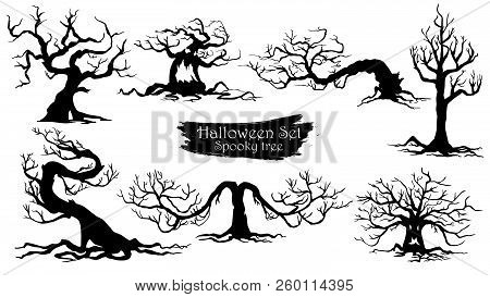 Spooky Trees Silhouette Collection Of Halloween Vector Isolated On White Background. Scary, Haunted 