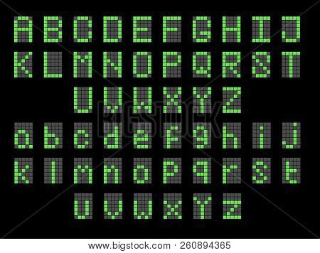 Green Led Digital English Uppercase, Lowercase Font Display. Led Font Digital Alphabet Uppercase Fon