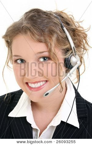 Beautiful Smiling Customer Service or Sales Representative.  Curly blonde hair and a great smile.  Shot in studio over white.