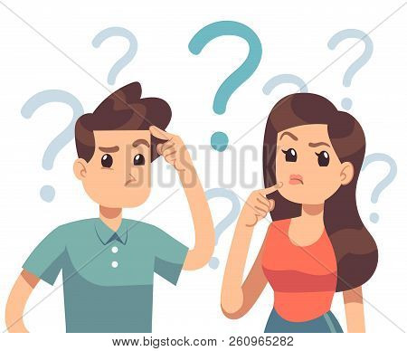 Young Troubled Couple. Confused Woman And Man Thinking Together. People With Question Marks Vector I