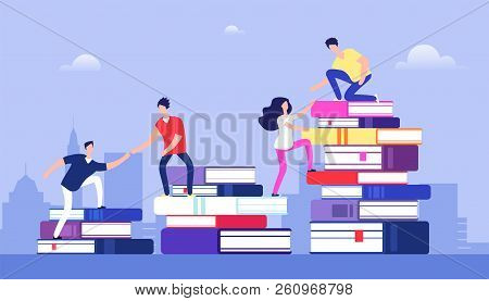 People Climbing Books. Business Success, Education Level And Staff And Skill Development Vector Conc