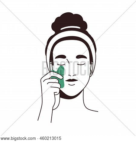 Woman Massaging Face With Guasha Scraper. Young Girl Applying Gua Sha Jade Tool. Female With Beauty 