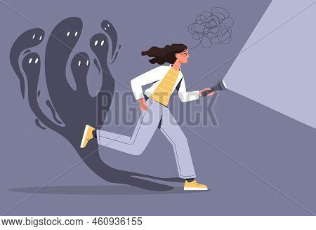 Fear Attack Concept. Woman With Flashlight Runs Away From Ghosts Chasing Her. Metaphor Of Fears, Pro