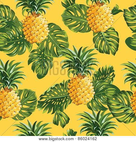 Pineapples and Tropical Leaves Background -Vintage Seamless Pattern - in vector