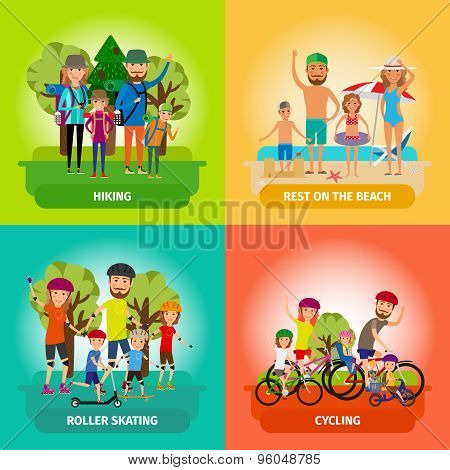 Vector set of family or healthy lifestyle concepts in flat style