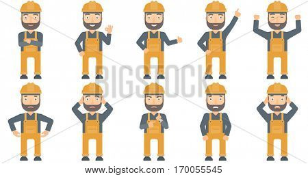 Caucasian young builder standing with arms crossed. Confident builder in hard hat. Builder in overalls standing with folded arms. Set of vector flat design illustrations isolated on white background.