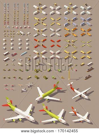 Vector isometric low poly transports set. Cars, trucks, tractors, airplanes, helicopters and other isometric vehicles