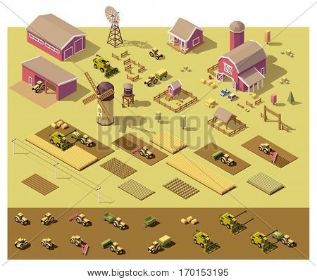 Vector isometric low poly farm elements. Farm buildings, vehicles, fields with plants, fences and other elements 