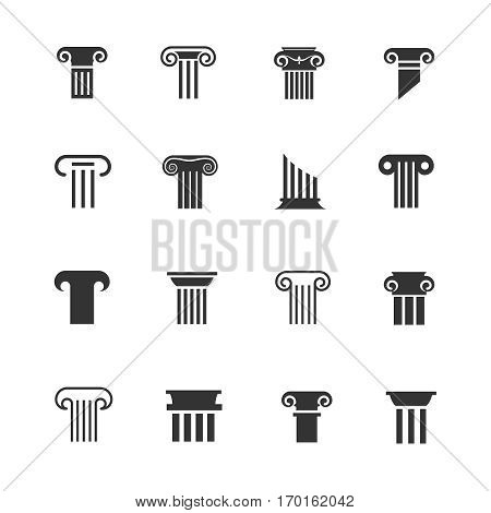 Ancient greek and roman column icons. Architectural pillar vector black and white signs. Classical column set illustration