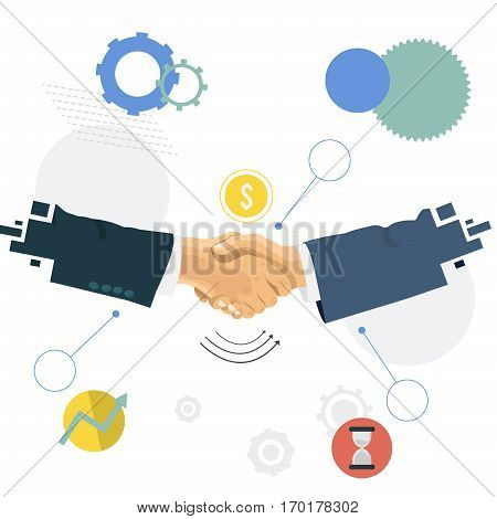 Shaking hands business vector illustration. Business items on background. Vector flat design style