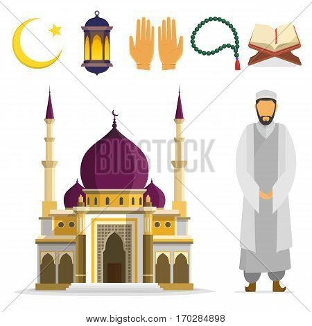 Set of Islamic religious symbols and ritual objects. Ramadan symbol. Muslim Mosque mullah, an Islamic star and crescent, lantern, palms, Koran, beads. vector flat cartoon design. islam culture icons.