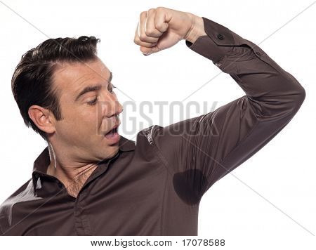 man sweating perspiring stain astonished isolated studio on white background