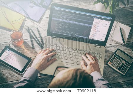 coding code program programming developer compute web development coder work design software closeup desk write workstation key password theft hacking firewall concept - stock image