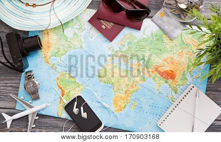 travel planning map tourism traveler plan holiday lay desk flat tourist booking journey pointing plane trip landmarks modern concept - stock image