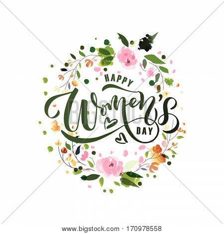 Happy Women's Day text as International Womens Day badge/tag/icon. Text card/invitation/banner. Womens Day background. Happy Woman's Day lettering typography poster. Womens vector illustration EPS 10