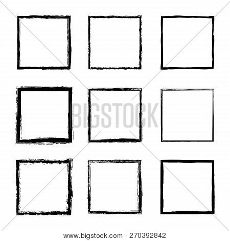 Set Of Vector Square Frames And Borders Drawn By Black Ink Brushes Isolated On A White Background. A