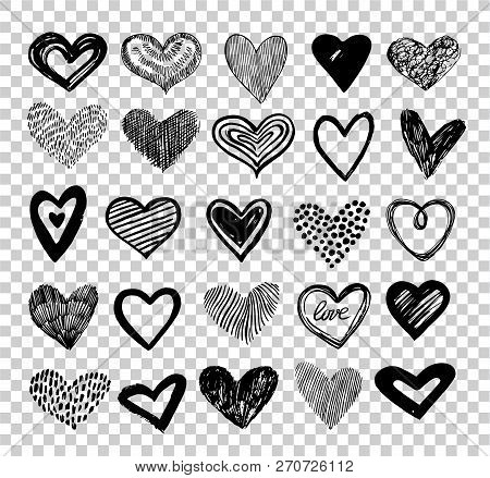 Doodle Hearts. Hand Drawn Love Heart Icons. Scribble Sketch Valentine Grunge Hearts Vector Elements 