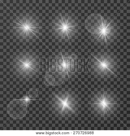 Lens Effects. Camera Flash Light, Flare. White Light Spot Glowing Sparkles, Starlight Isolated On Tr