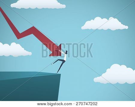 Bankrupt Businesswoman Falling Off A Cliff, Pushed By Downward Arrow. Symbol Of Bankruptcy, Failure,