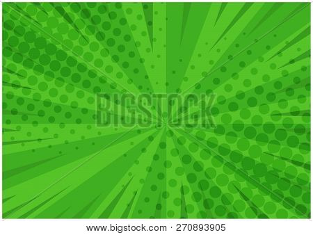 Abstract Green Striped Retro Comic Background With Halftone Corners. Cartoon Bright Eco Background W