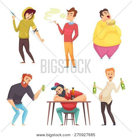 Addicted Lifestyle. Alcoholism Drugs And Addiction From Unhealthy Habits Vector Cartoon Characters I